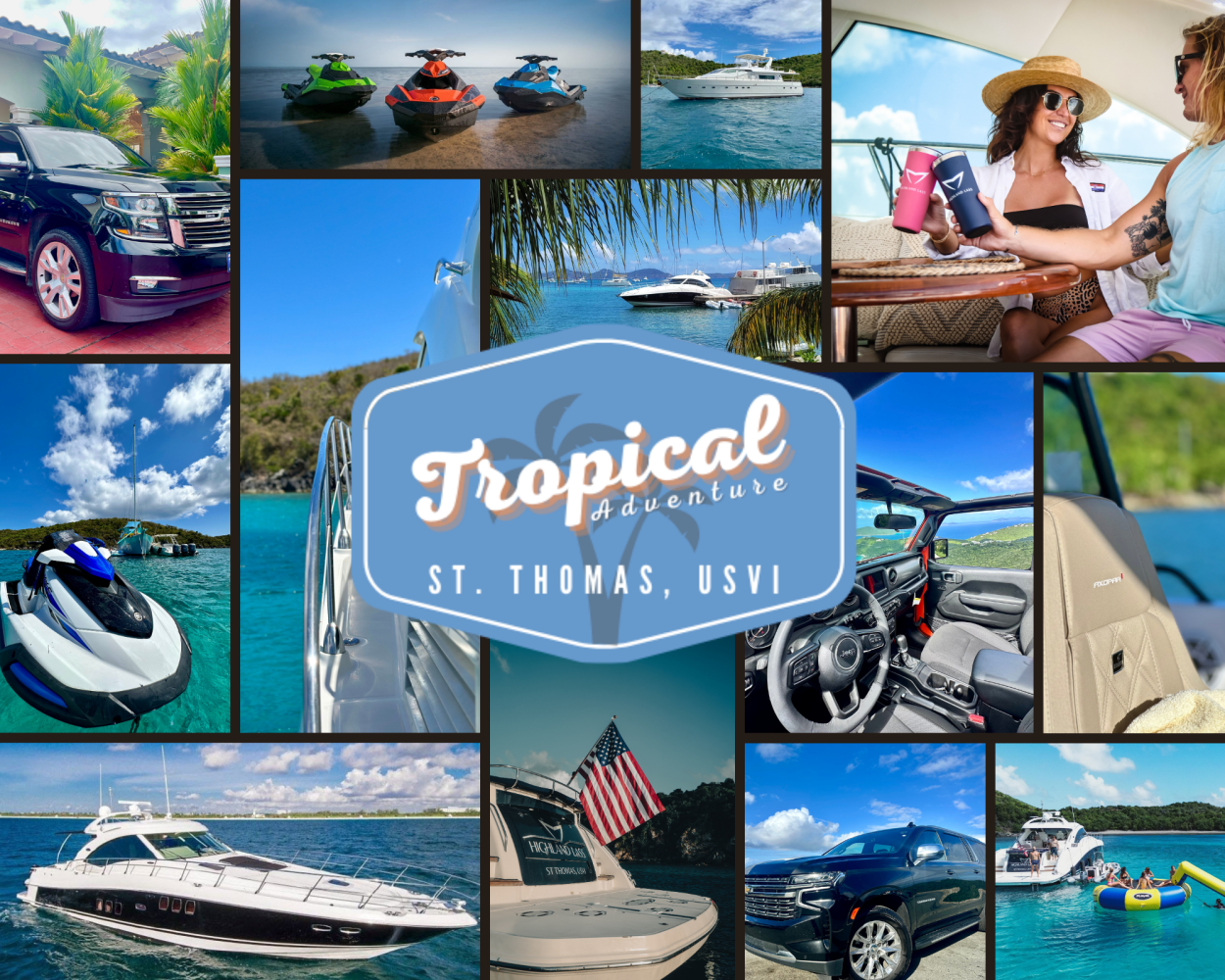 Image showing variety of products offered by Tropical Adventure including rental cars, jet skis, and boat charter.